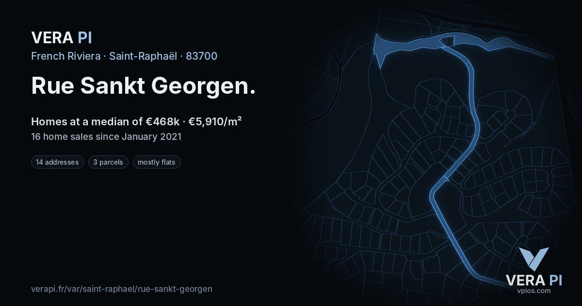 Rue Sankt Georgen, Saint-Raphaël at night – every parcel coloured by the prices around it, the street's own parcels lit