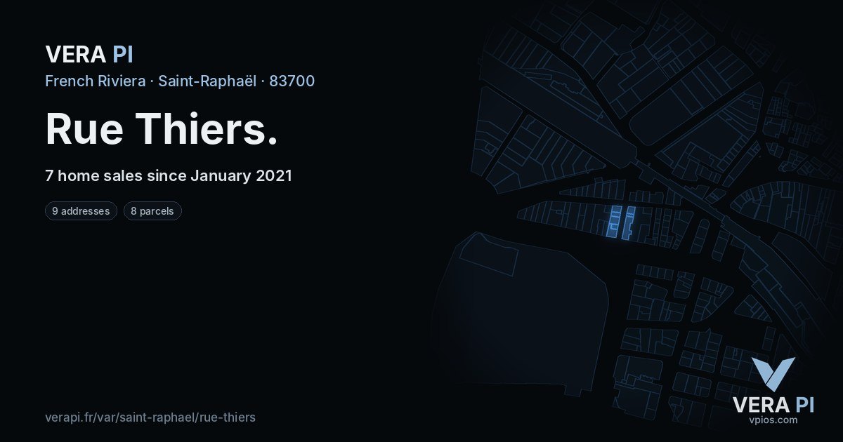 Rue Thiers, Saint-Raphaël at night – every parcel coloured by the prices around it, the street's own parcels lit