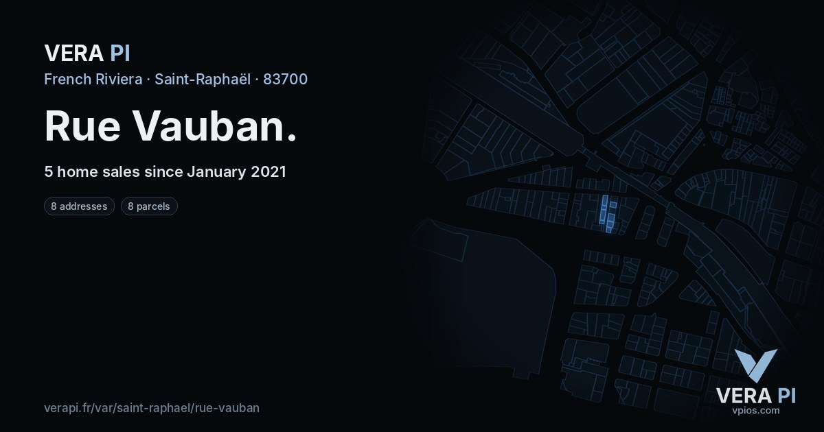 Rue Vauban, Saint-Raphaël at night – every parcel coloured by the prices around it, the street's own parcels lit