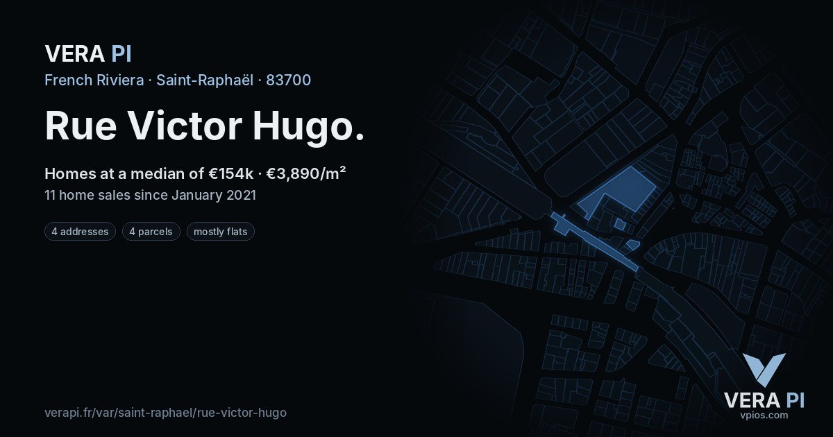 Rue Victor Hugo, Saint-Raphaël at night – every parcel coloured by the prices around it, the street's own parcels lit