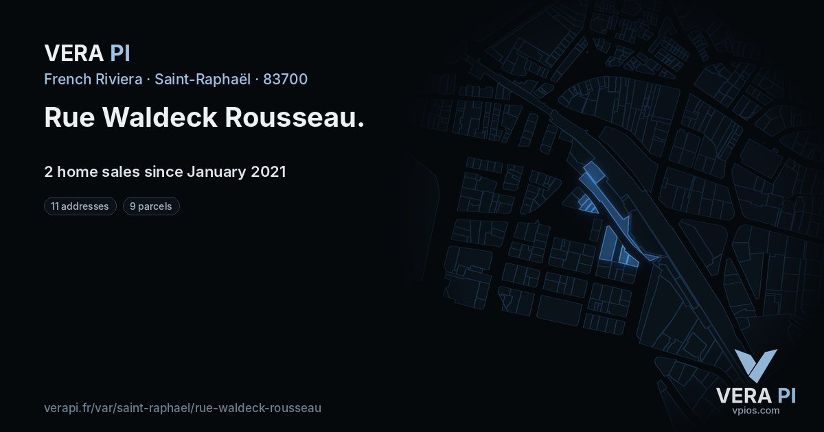 Rue Waldeck Rousseau, Saint-Raphaël at night – every parcel coloured by the prices around it, the street's own parcels lit