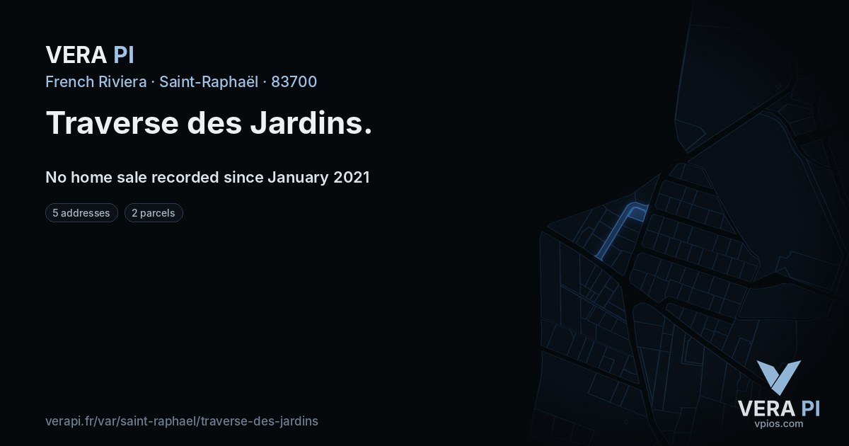 Traverse des Jardins, Saint-Raphaël at night – every parcel coloured by the prices around it, the street's own parcels lit