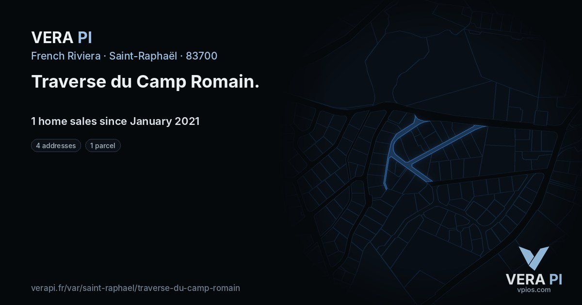 Traverse du Camp Romain, Saint-Raphaël at night – every parcel coloured by the prices around it, the street's own parcels lit