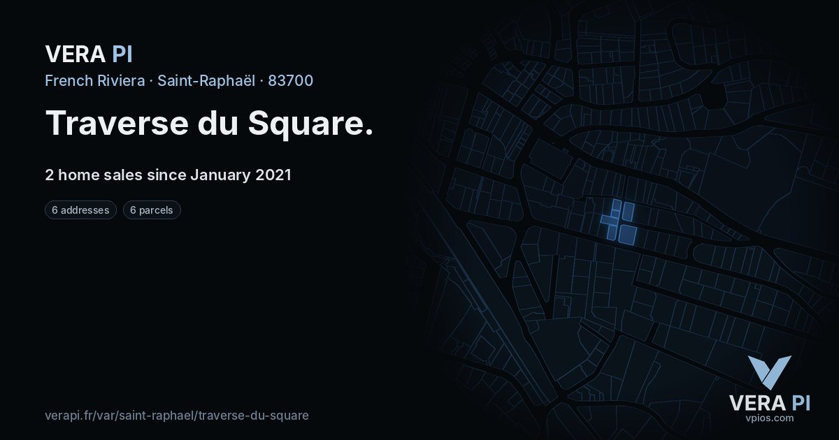 Traverse du Square, Saint-Raphaël at night – every parcel coloured by the prices around it, the street's own parcels lit