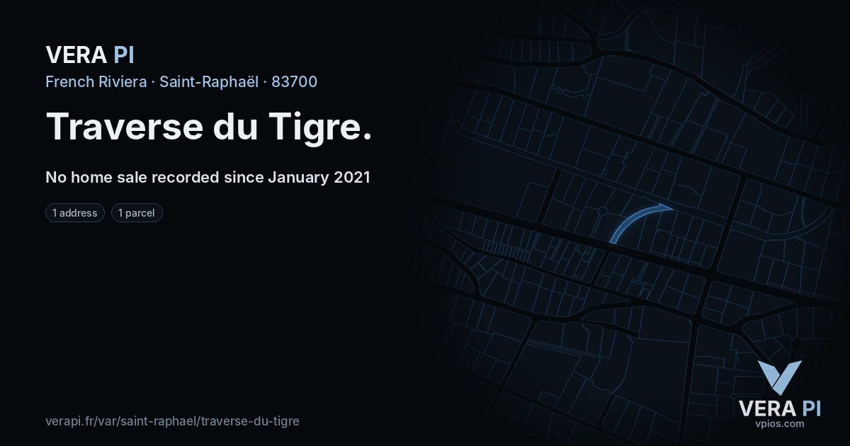 Traverse du Tigre, Saint-Raphaël at night – every parcel coloured by the prices around it, the street's own parcels lit