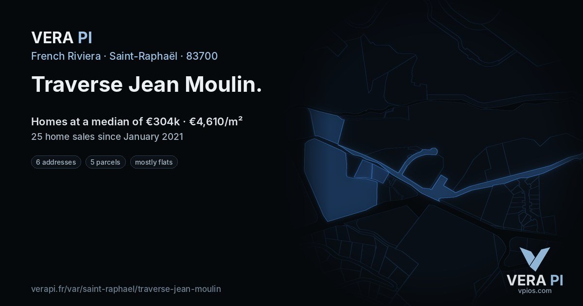 Traverse Jean Moulin, Saint-Raphaël at night – every parcel coloured by the prices around it, the street's own parcels lit