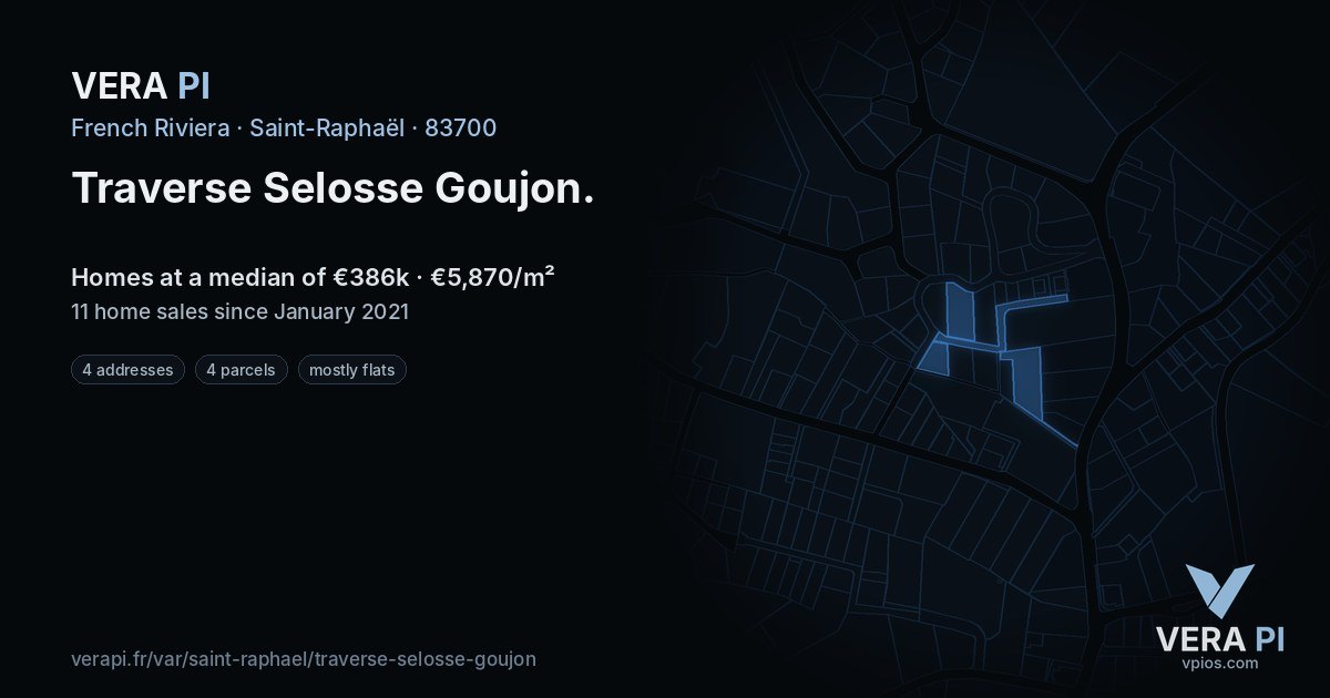Traverse Selosse Goujon, Saint-Raphaël at night – every parcel coloured by the prices around it, the street's own parcels lit