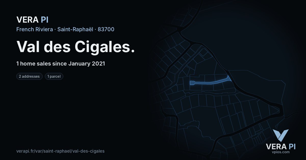 Val des Cigales, Saint-Raphaël at night – every parcel coloured by the prices around it, the street's own parcels lit