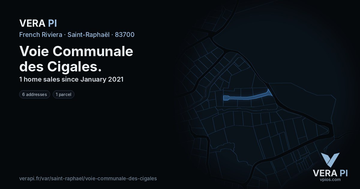 Voie Communale des Cigales, Saint-Raphaël at night – every parcel coloured by the prices around it, the street's own parcels lit