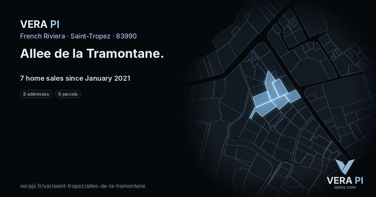 Allee de la Tramontane, Saint-Tropez at night – every parcel coloured by the prices around it, the street's own parcels lit