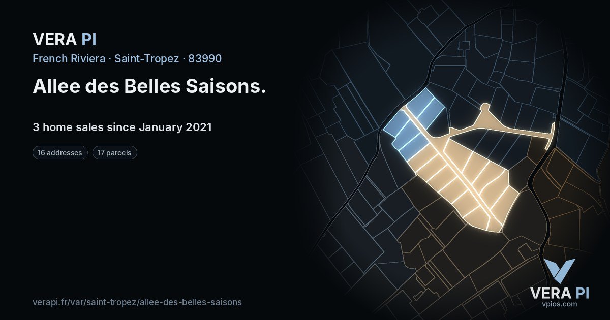 Allee des Belles Saisons, Saint-Tropez at night – every parcel coloured by the prices around it, the street's own parcels lit