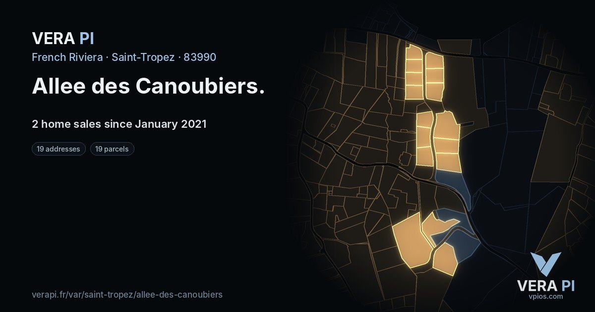 Allee des Canoubiers, Saint-Tropez at night – every parcel coloured by the prices around it, the street's own parcels lit