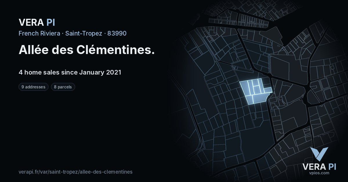 Allée des Clémentines, Saint-Tropez at night – every parcel coloured by the prices around it, the street's own parcels lit