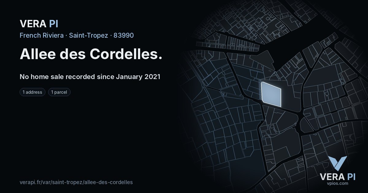 Allee des Cordelles, Saint-Tropez at night – every parcel coloured by the prices around it, the street's own parcels lit