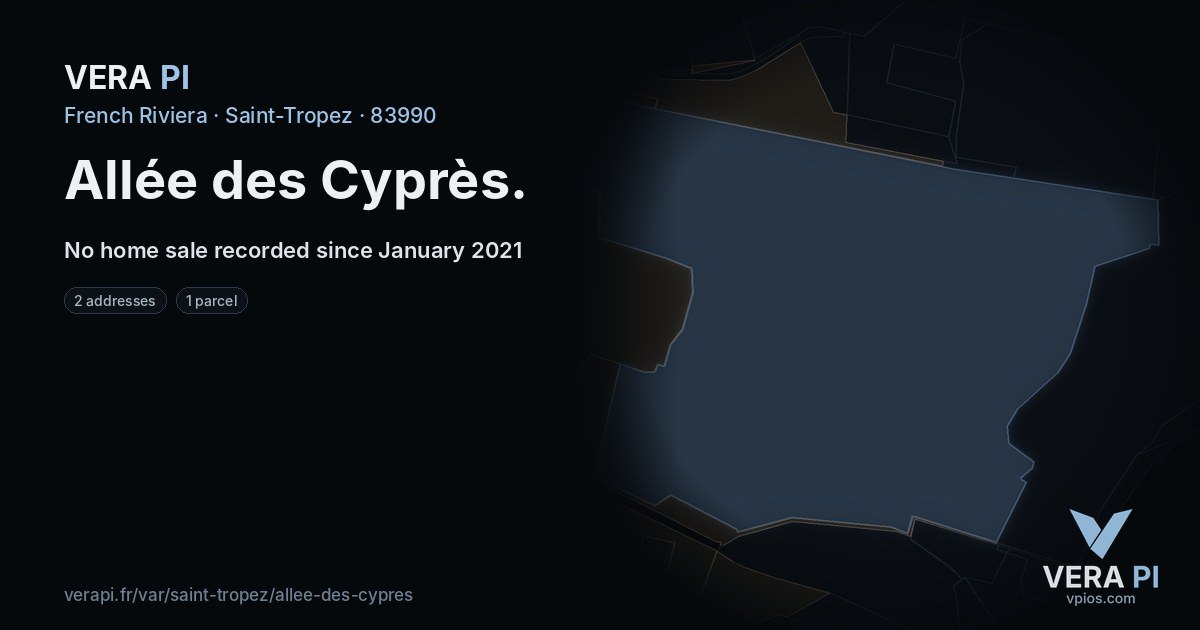 Allée des Cyprès, Saint-Tropez at night – every parcel coloured by the prices around it, the street's own parcels lit