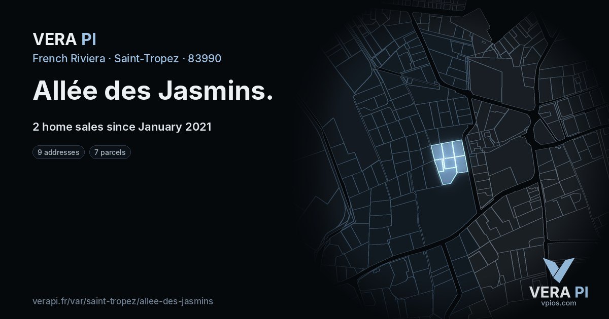 Allée des Jasmins, Saint-Tropez at night – every parcel coloured by the prices around it, the street's own parcels lit