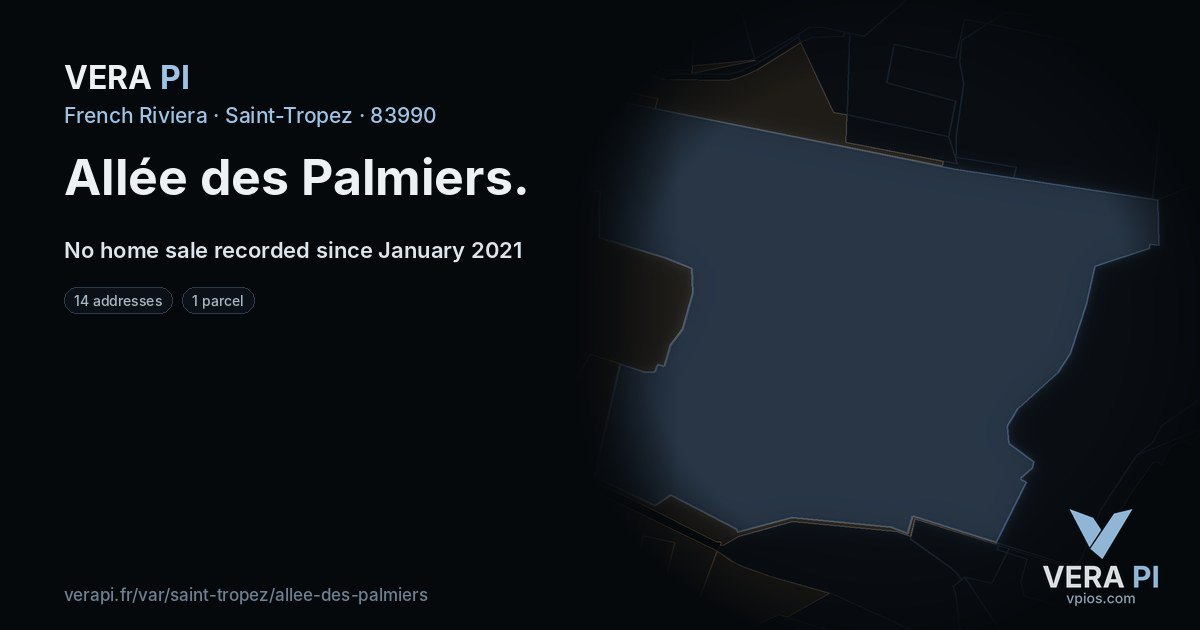 Allée des Palmiers, Saint-Tropez at night – every parcel coloured by the prices around it, the street's own parcels lit