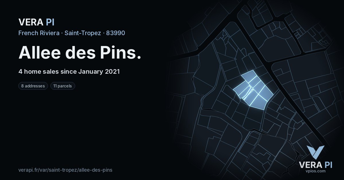 Allee des Pins, Saint-Tropez at night – every parcel coloured by the prices around it, the street's own parcels lit