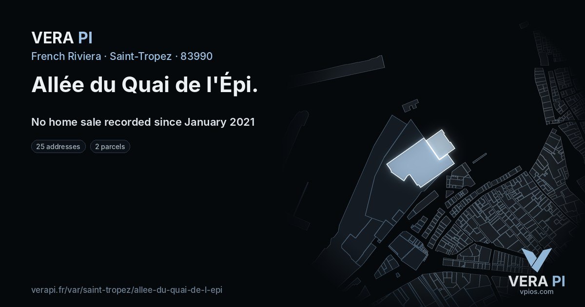 Allée du Quai de l'Épi, Saint-Tropez at night – every parcel coloured by the prices around it, the street's own parcels lit