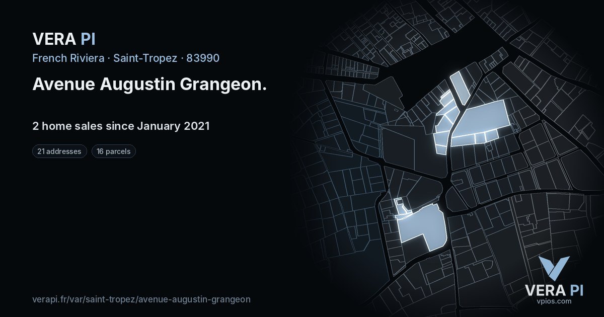 Avenue Augustin Grangeon, Saint-Tropez at night – every parcel coloured by the prices around it, the street's own parcels lit