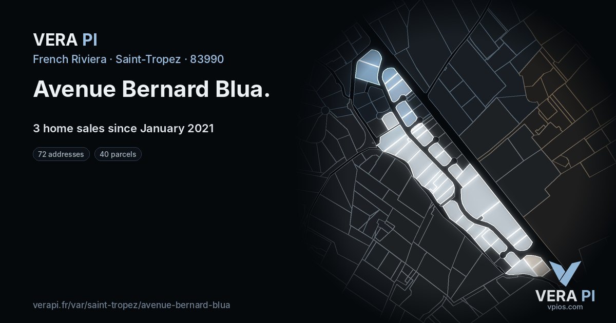Avenue Bernard Blua, Saint-Tropez at night – every parcel coloured by the prices around it, the street's own parcels lit