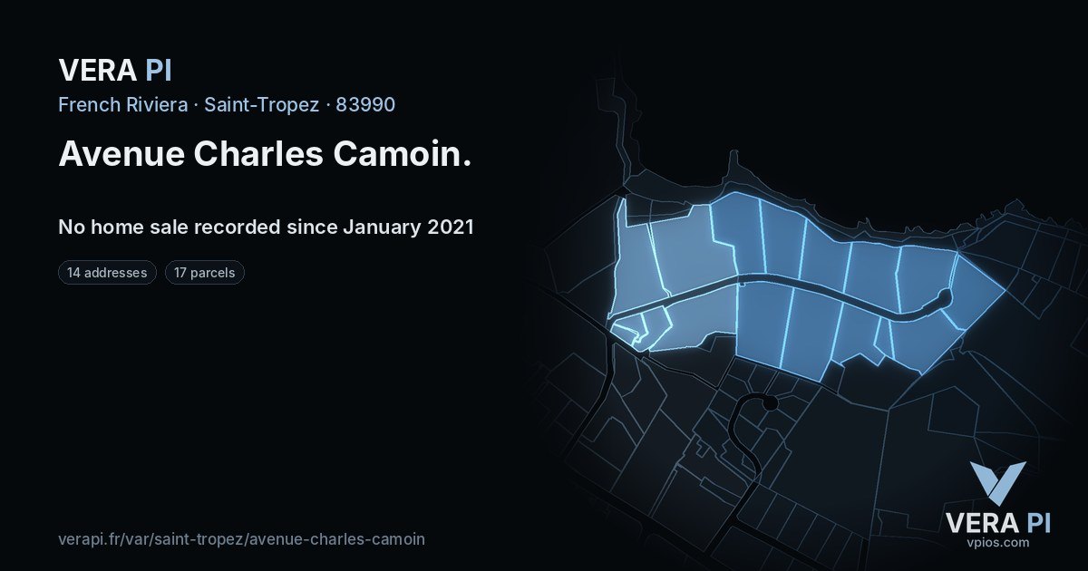 Avenue Charles Camoin, Saint-Tropez at night – every parcel coloured by the prices around it, the street's own parcels lit