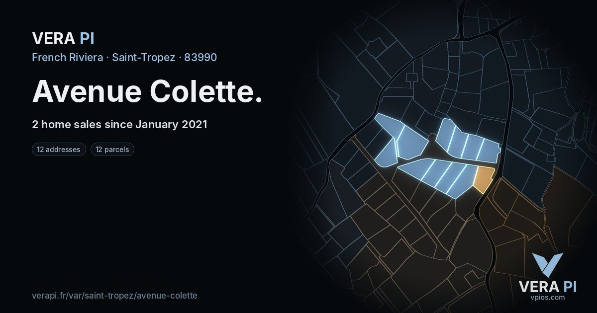 Avenue Colette, Saint-Tropez at night – every parcel coloured by the prices around it, the street's own parcels lit