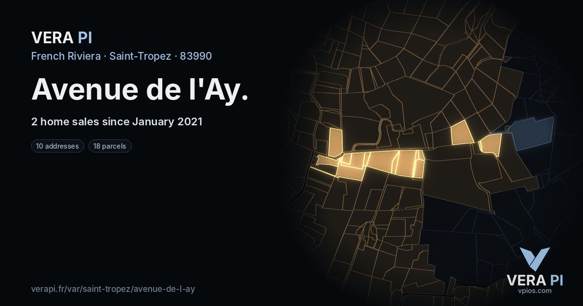 Avenue de l'Ay, Saint-Tropez at night – every parcel coloured by the prices around it, the street's own parcels lit
