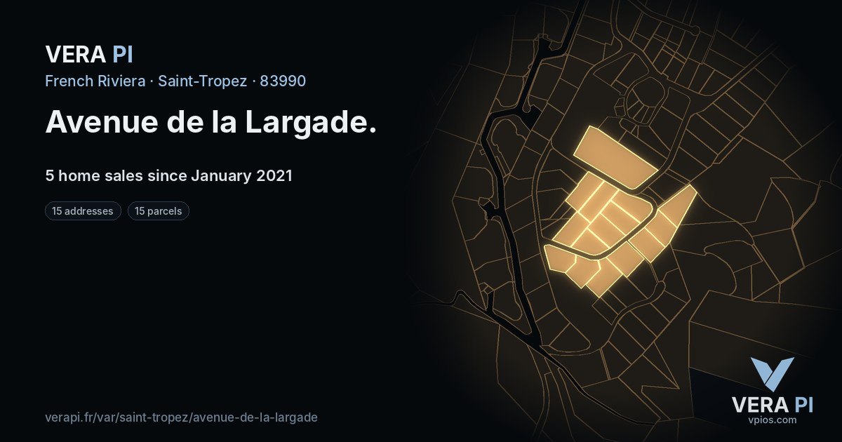 Avenue de la Largade, Saint-Tropez at night – every parcel coloured by the prices around it, the street's own parcels lit