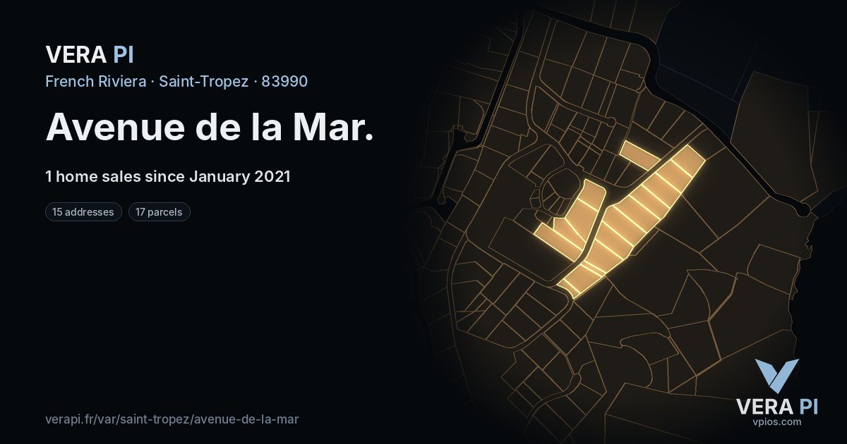Avenue de la Mar, Saint-Tropez at night – every parcel coloured by the prices around it, the street's own parcels lit