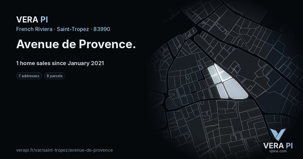 Avenue de Provence, Saint-Tropez at night – every parcel coloured by the prices around it, the street's own parcels lit