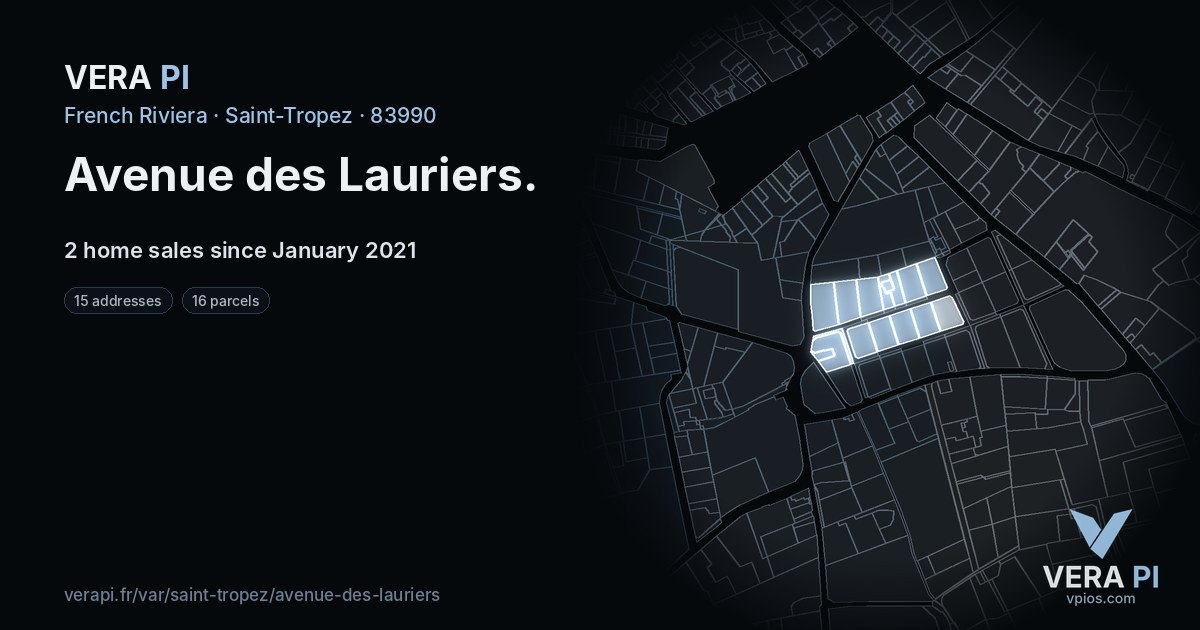 Avenue des Lauriers, Saint-Tropez at night – every parcel coloured by the prices around it, the street's own parcels lit