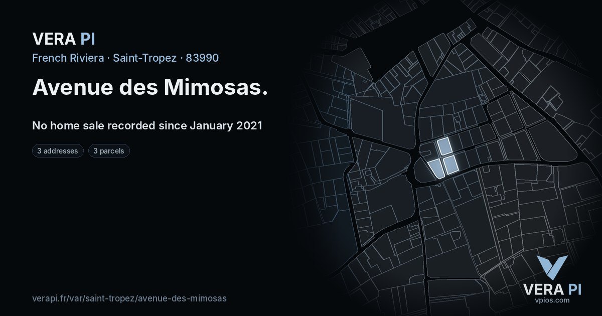 Avenue des Mimosas, Saint-Tropez at night – every parcel coloured by the prices around it, the street's own parcels lit