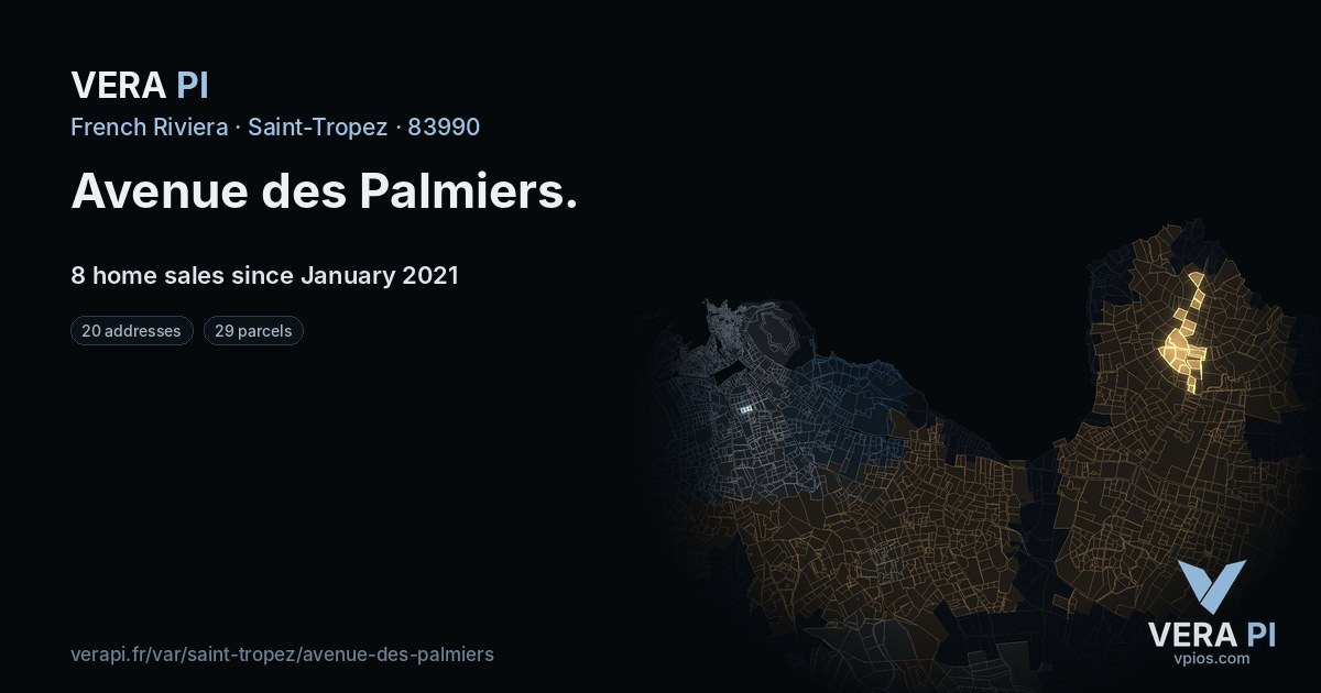 Avenue des Palmiers, Saint-Tropez at night – every parcel coloured by the prices around it, the street's own parcels lit