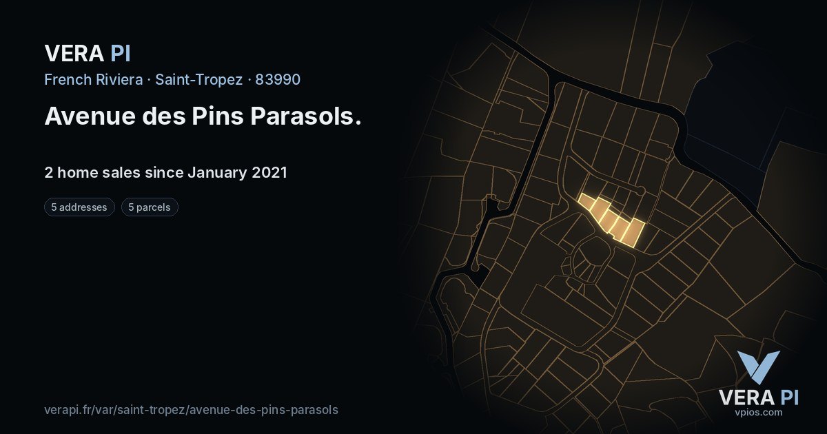 Avenue des Pins Parasols, Saint-Tropez at night – every parcel coloured by the prices around it, the street's own parcels lit