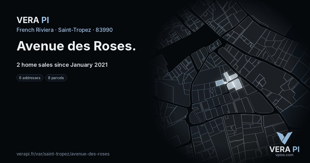 Avenue des Roses, Saint-Tropez at night – every parcel coloured by the prices around it, the street's own parcels lit