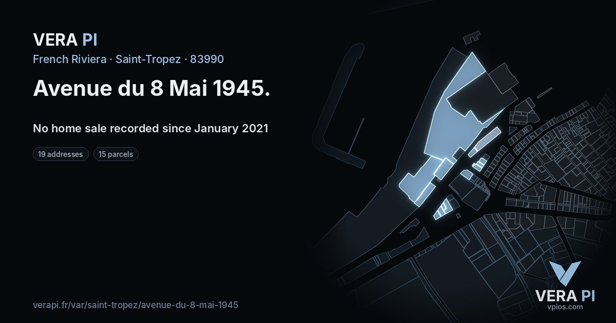 Avenue du 8 Mai 1945, Saint-Tropez at night – every parcel coloured by the prices around it, the street's own parcels lit