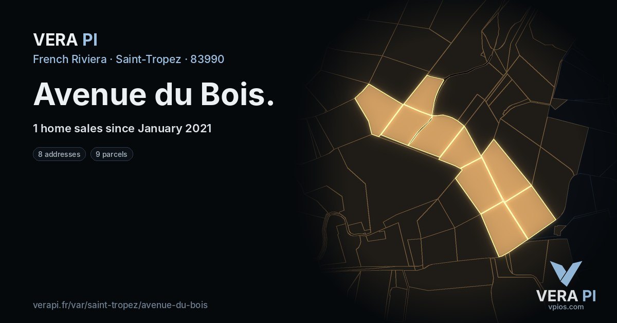 Avenue du Bois, Saint-Tropez at night – every parcel coloured by the prices around it, the street's own parcels lit