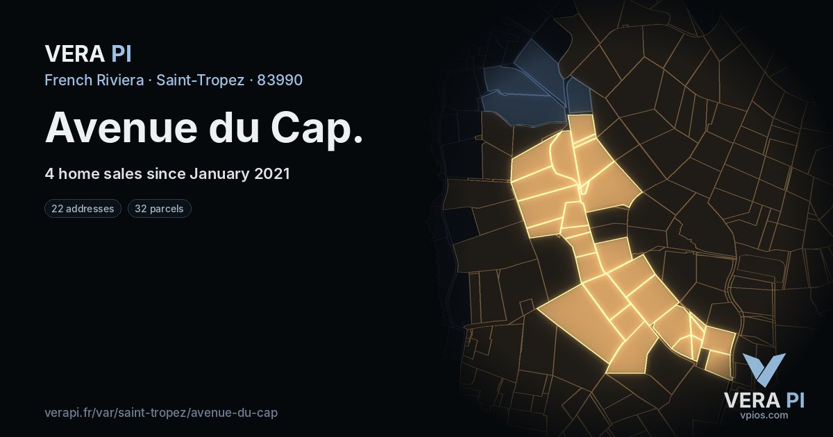 Avenue du Cap, Saint-Tropez at night – every parcel coloured by the prices around it, the street's own parcels lit