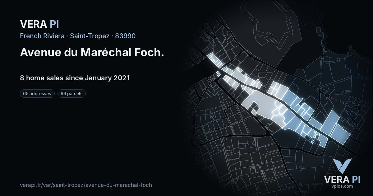 Avenue du Maréchal Foch, Saint-Tropez at night – every parcel coloured by the prices around it, the street's own parcels lit
