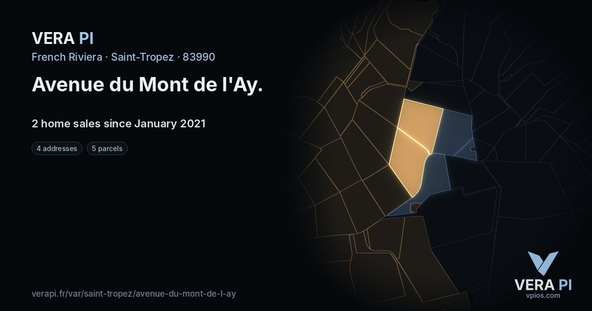 Avenue du Mont de l'Ay, Saint-Tropez at night – every parcel coloured by the prices around it, the street's own parcels lit