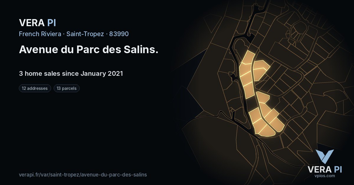 Avenue du Parc des Salins, Saint-Tropez at night – every parcel coloured by the prices around it, the street's own parcels lit