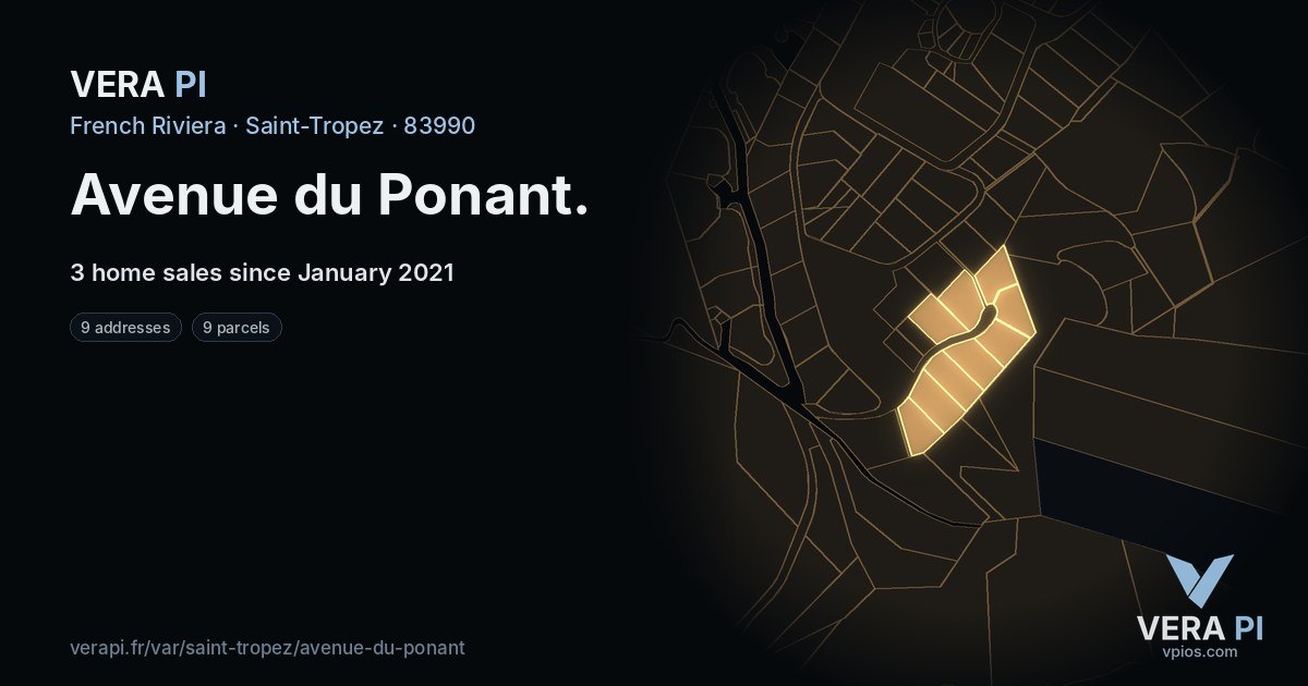Avenue du Ponant, Saint-Tropez at night – every parcel coloured by the prices around it, the street's own parcels lit