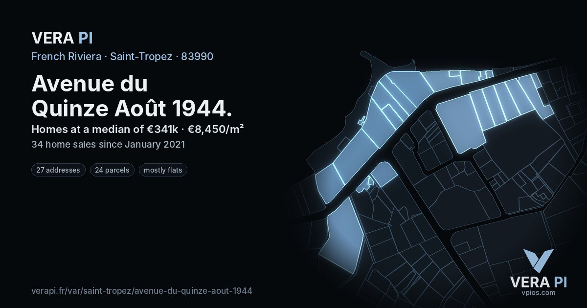Avenue du Quinze Août 1944, Saint-Tropez at night – every parcel coloured by the prices around it, the street's own parcels lit