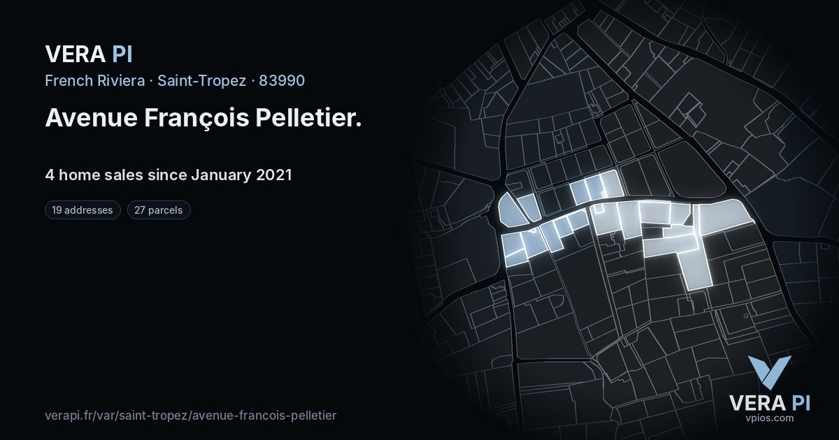 Avenue François Pelletier, Saint-Tropez at night – every parcel coloured by the prices around it, the street's own parcels lit