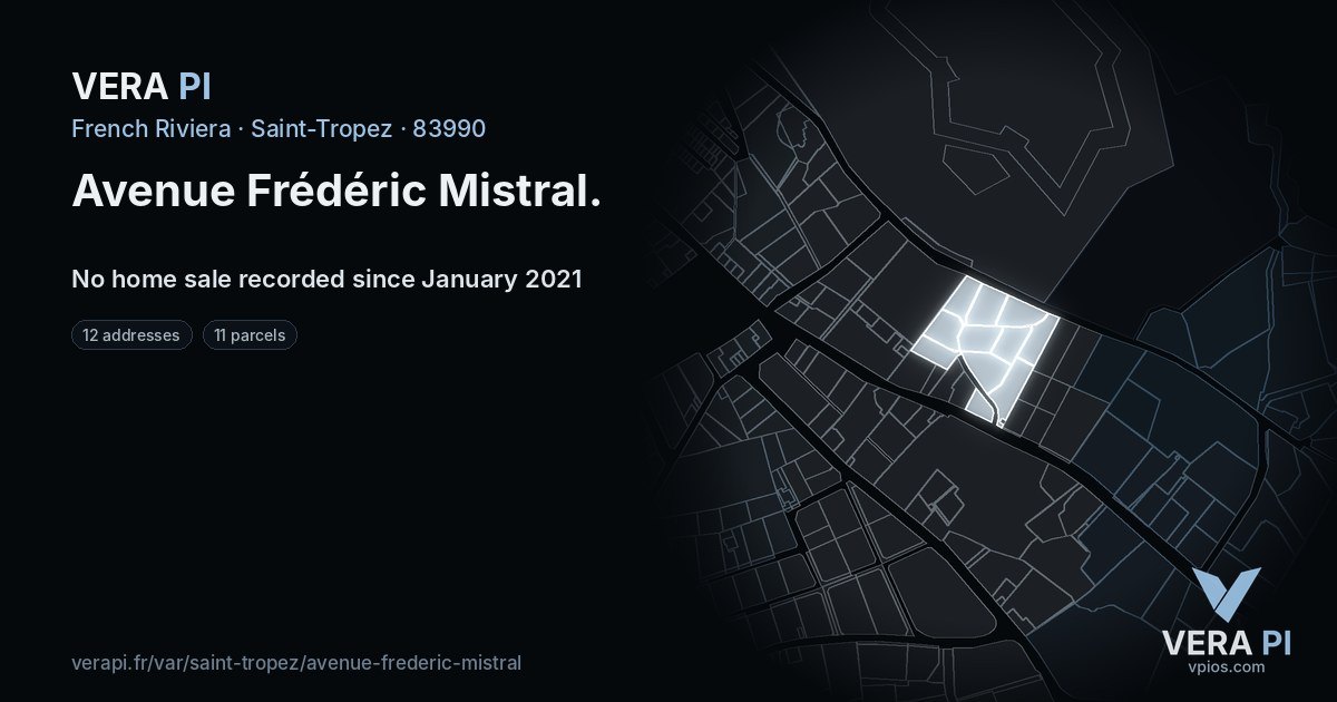 Avenue Frédéric Mistral, Saint-Tropez at night – every parcel coloured by the prices around it, the street's own parcels lit