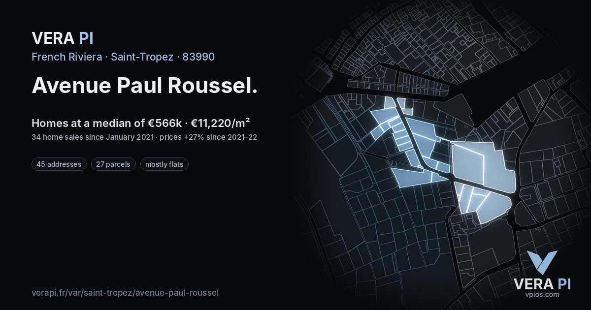 Avenue Paul Roussel, Saint-Tropez at night – every parcel coloured by the prices around it, the street's own parcels lit