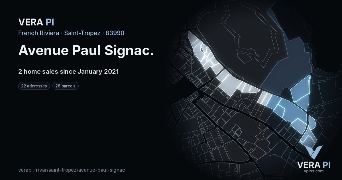 Avenue Paul Signac, Saint-Tropez at night – every parcel coloured by the prices around it, the street's own parcels lit