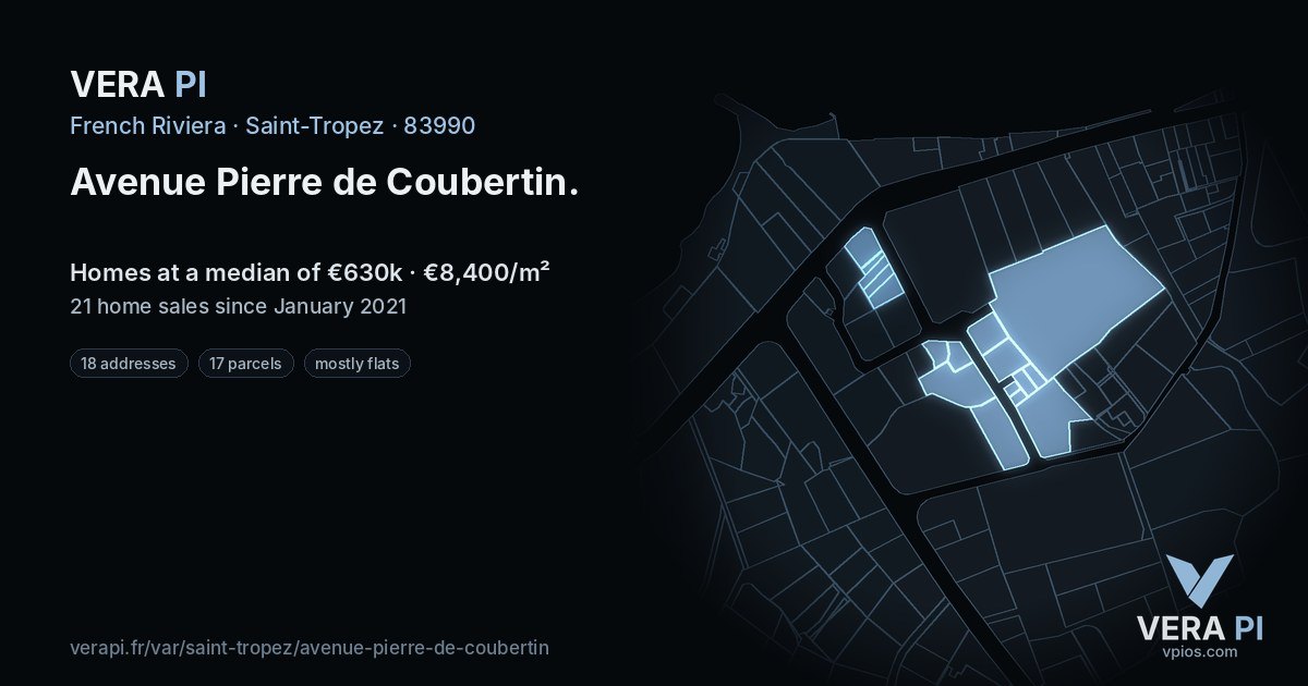 Avenue Pierre de Coubertin, Saint-Tropez at night – every parcel coloured by the prices around it, the street's own parcels lit