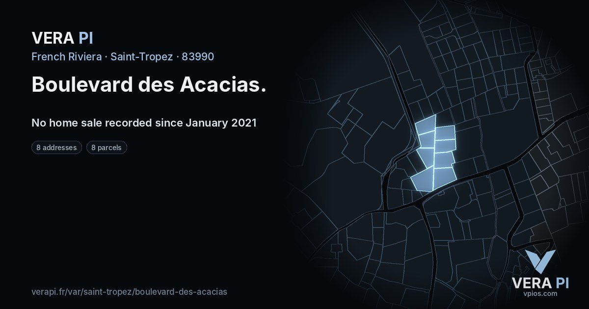 Boulevard des Acacias, Saint-Tropez at night – every parcel coloured by the prices around it, the street's own parcels lit